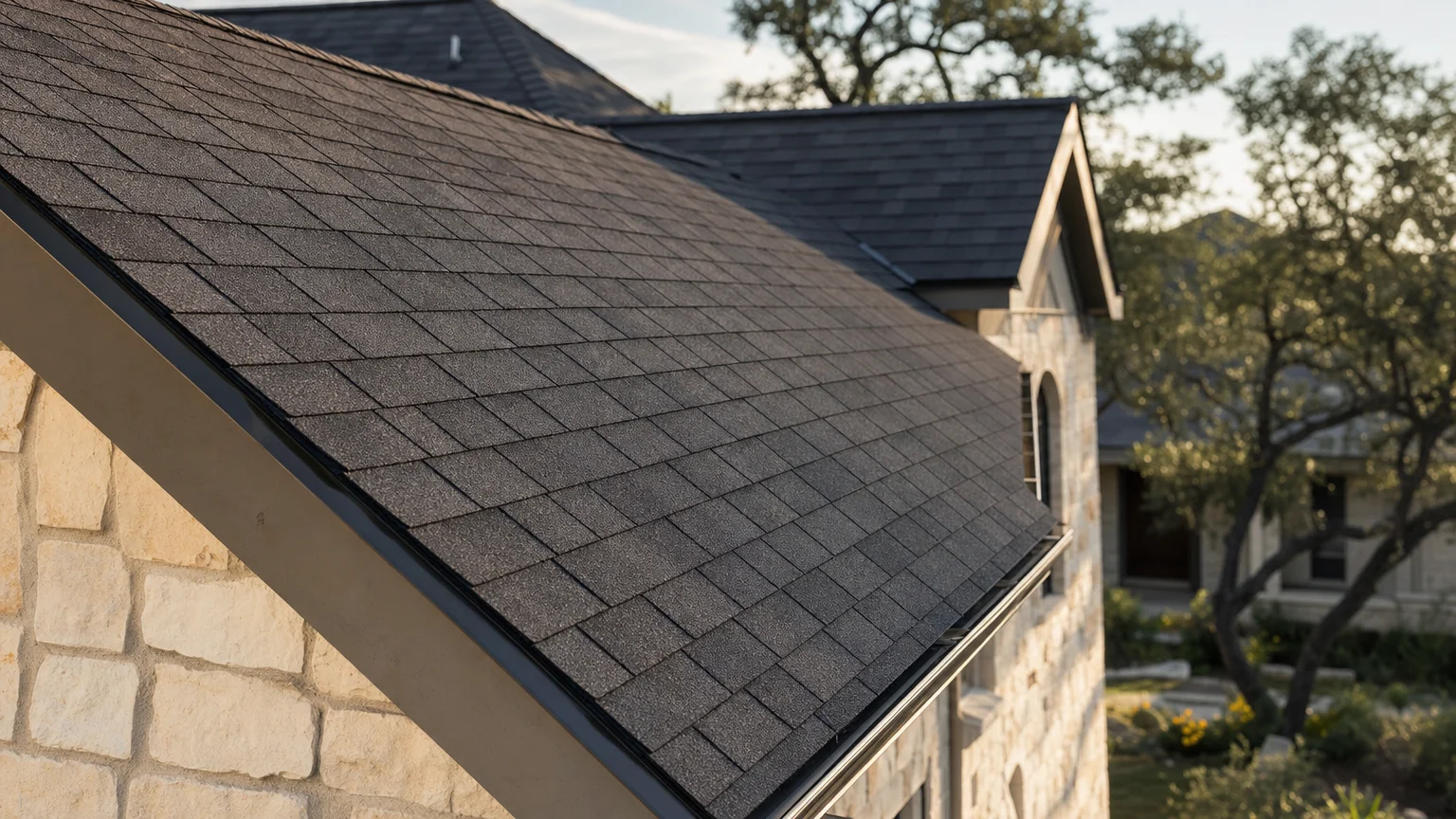 Roofer repairing roof shingles on a residential home