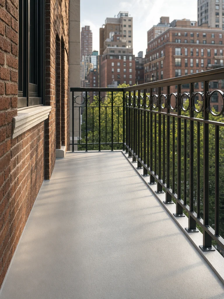 A balcony on a Manhattan co-op building with grime buildup on the concrete floor and metal railing.