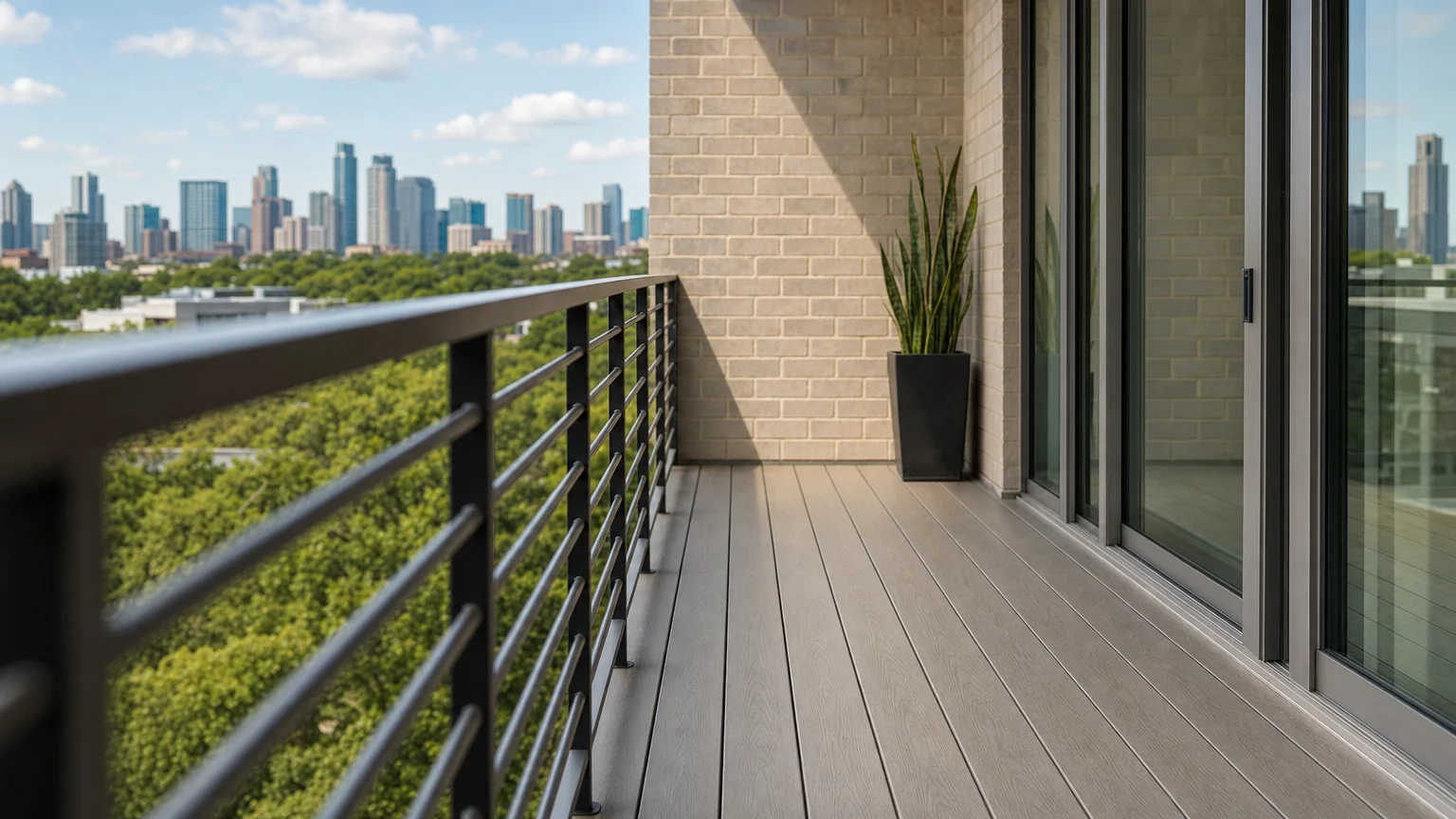 A professional cleaner scrubbing a residential balcony floor, with clean railings and a tidy outdoor space visible in the background. Cleaning tools and a bucket sit nearby on the balcony deck.