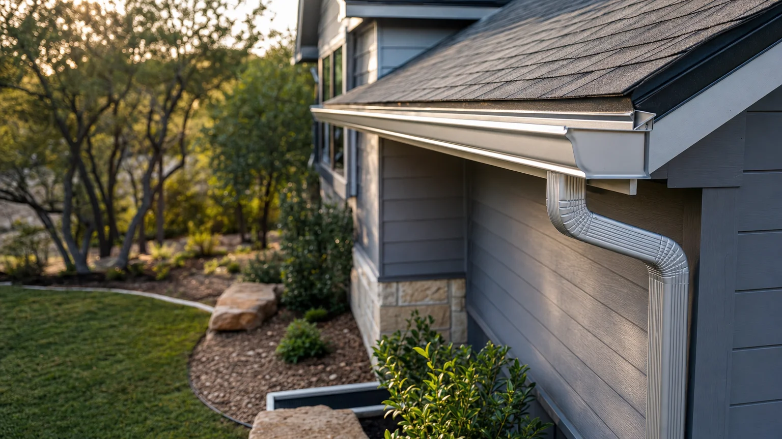 A technician removing packed leaves and debris from a residential gutter channel using gloved hands. The downspout and roofline are visible in the background.