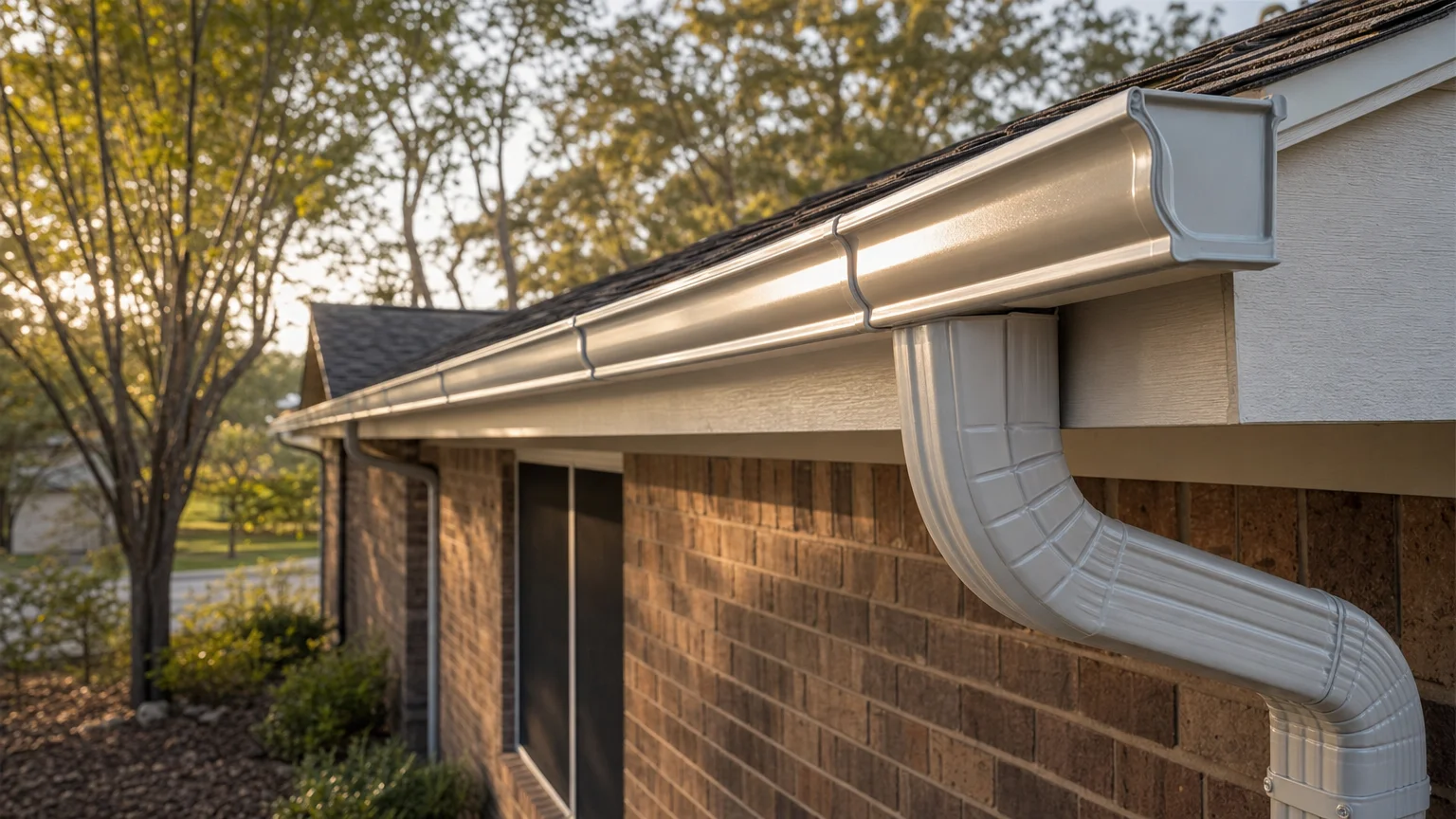 A roofing contractor reattaching a sagging gutter section and resealing a leaking joint along the roofline of a residential home. The worker is securing a hanger bracket to the fascia board while the gutter channel runs along the eave above a brick exterior.