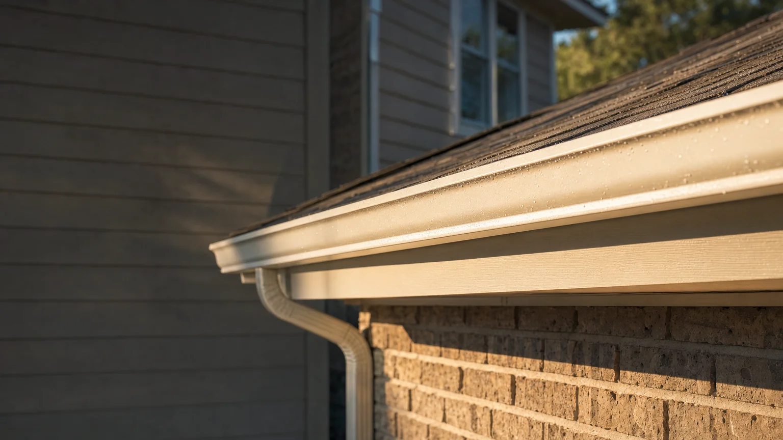 A technician directing a pressure washer wand at the exterior face of a white residential gutter, with dirty water and grime running off the surface. The roofline and fascia board are visible in the background.