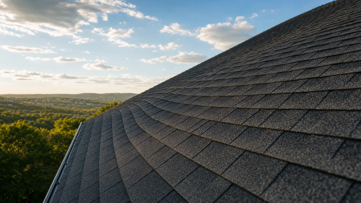 A roofing crew member applying a low-pressure cleaning solution to a shingle roof covered in dark algae streaks and patches of green moss. The treated surface shows a clear contrast between cleaned and uncleaned sections.