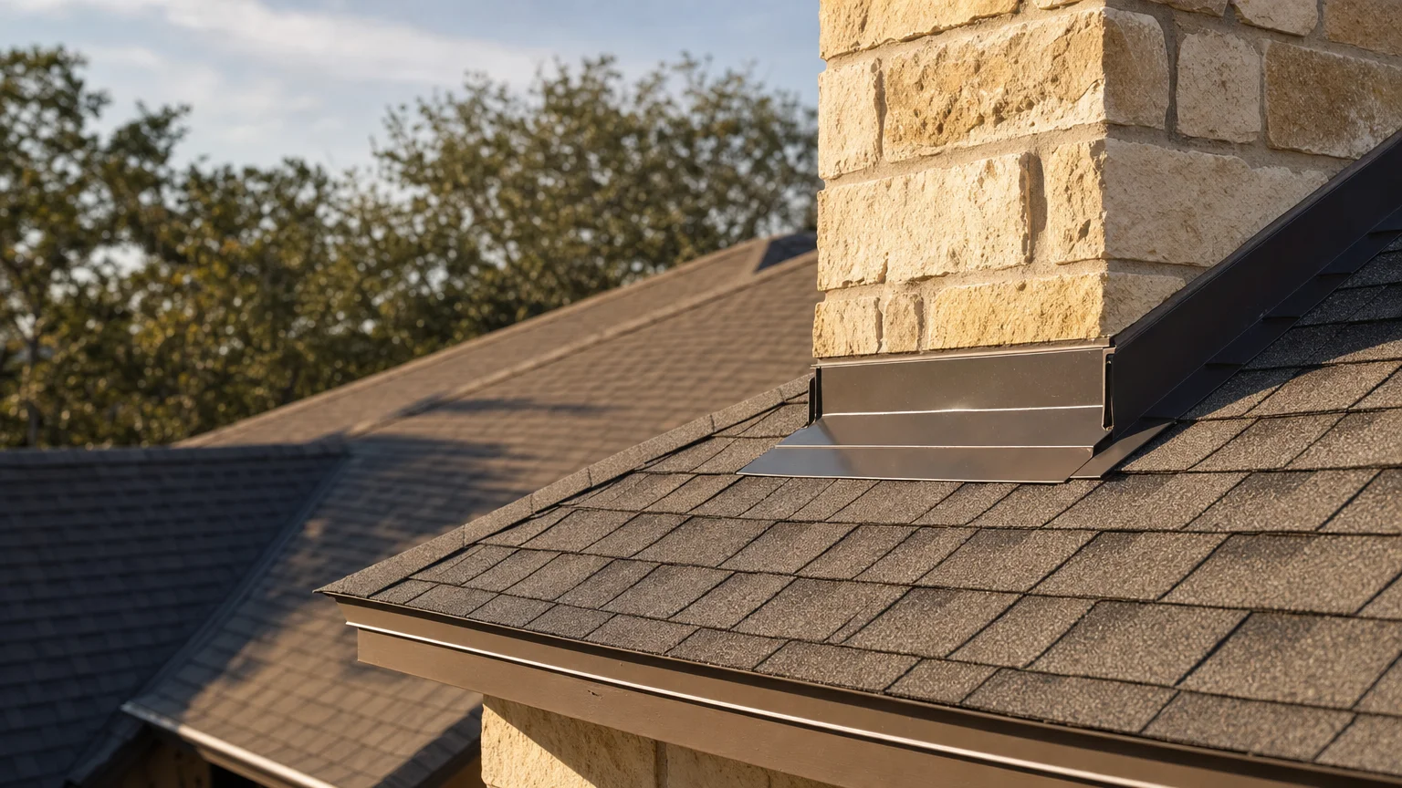 A roofing contractor repairing damaged shingles on a residential roof, with tools and replacement materials visible on the work surface. Close-up view shows the repaired section being secured and sealed against the existing roof.