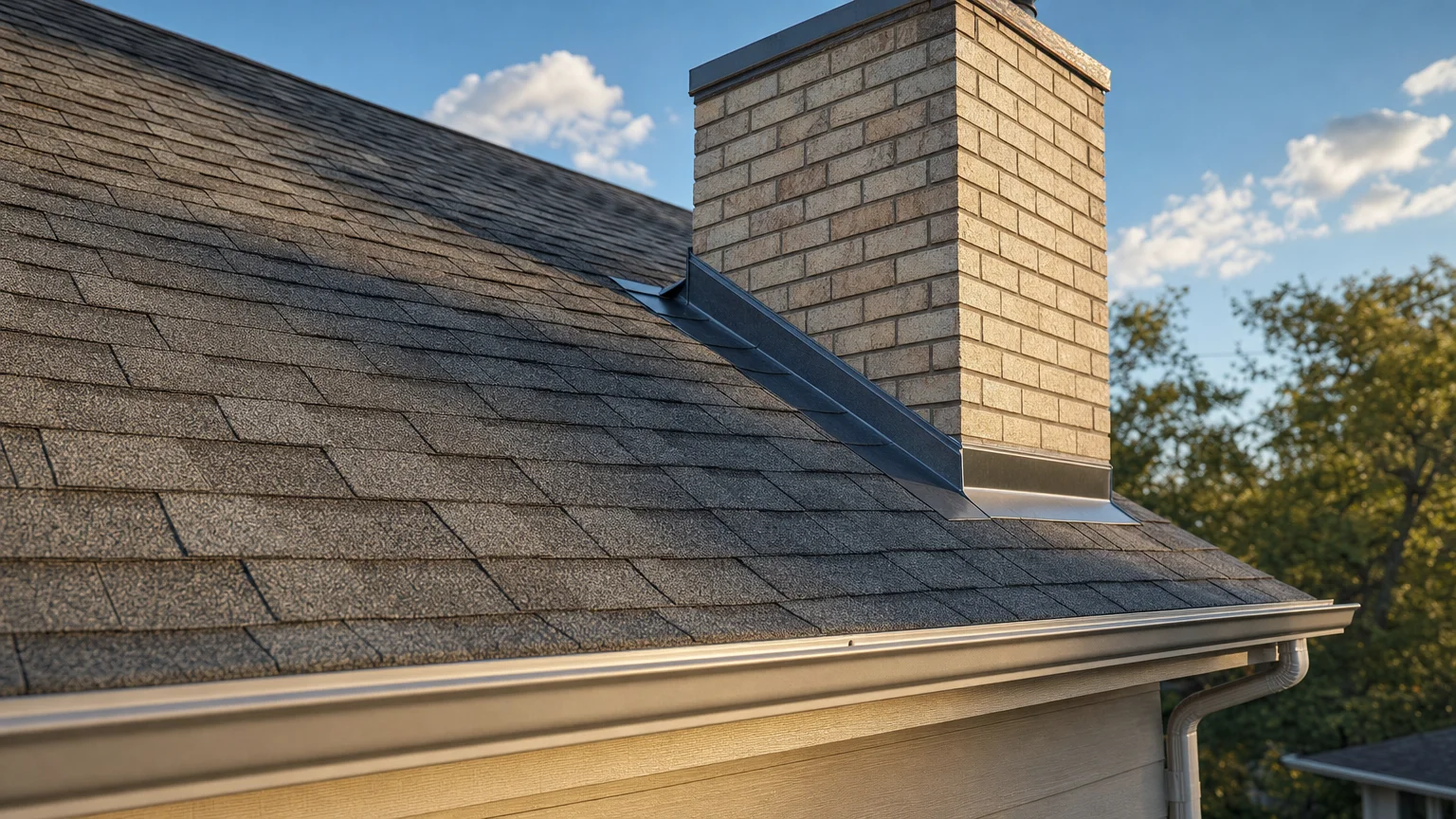 A roofing contractor on a residential roof examining shingles and flashing up close. The inspector crouches near a chimney, reviewing the seal and surrounding surface for signs of wear or damage.