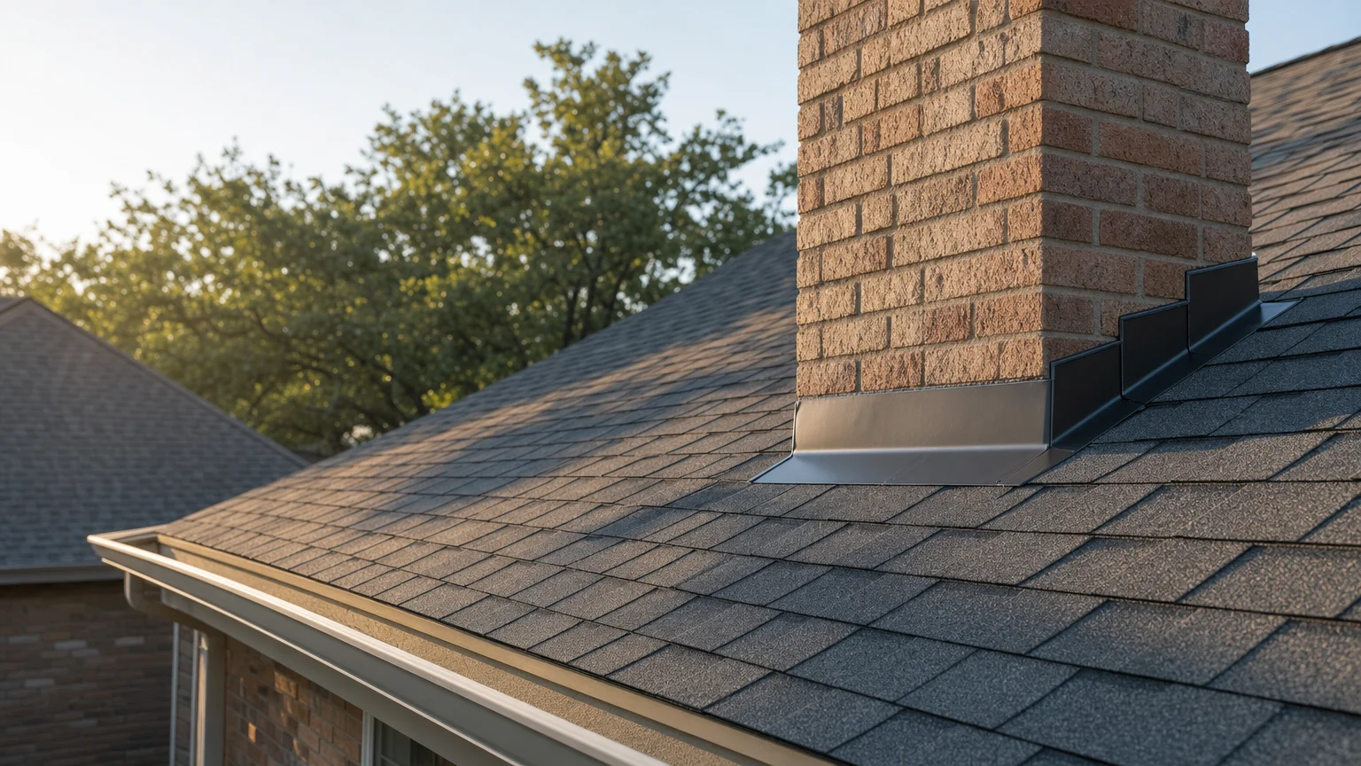 A roofing contractor replacing damaged shingles on a residential roof on a clear day. Close-up view shows worn shingles being removed and new ones being set into place.