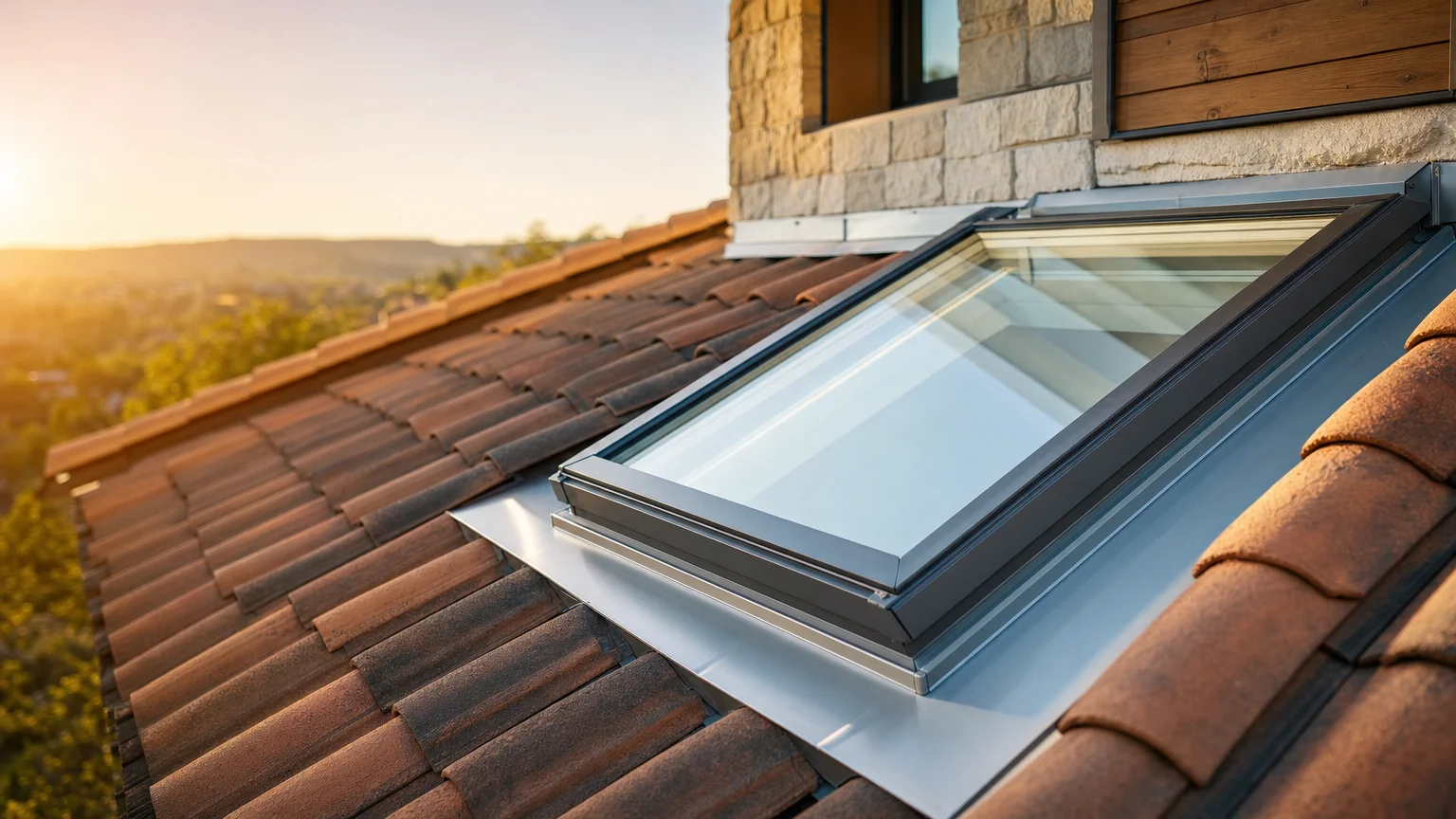 A technician carefully cleaning the exterior glass of a roof-mounted skylight, with the surrounding roofline visible and debris cleared away. The skylight frame and flashing are wiped down and the glass surface is streak-free.